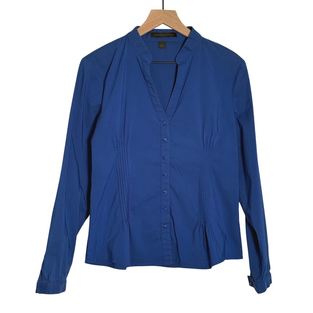 Express Design Studio Pintuck Blouse Large Royal Blue Office Professional Chic